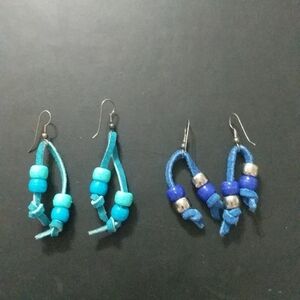 Leather and Beads Dangle Earrings - Set of 2 - Turquoise and Navy